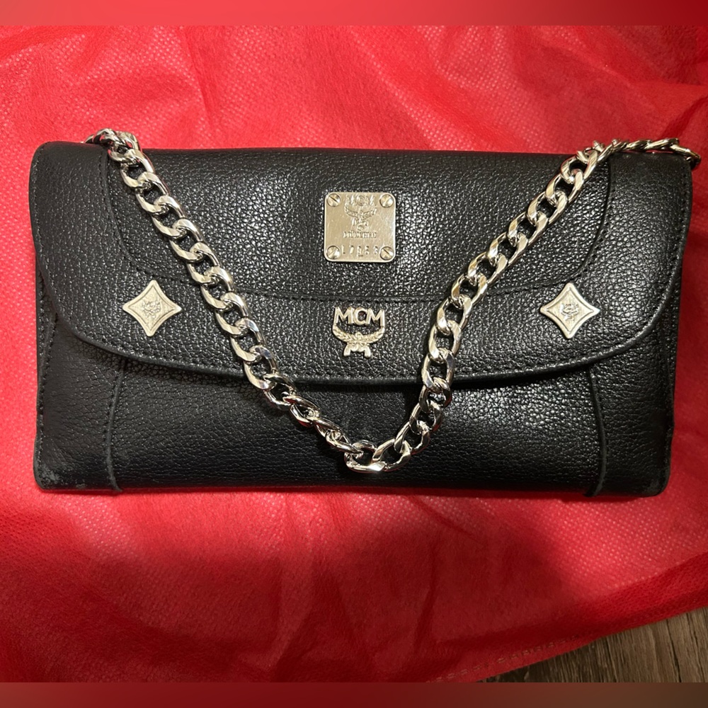 MCM Black Pebble Leather Trifold Wallet with Silver Charms, 15inch Chain Bag
